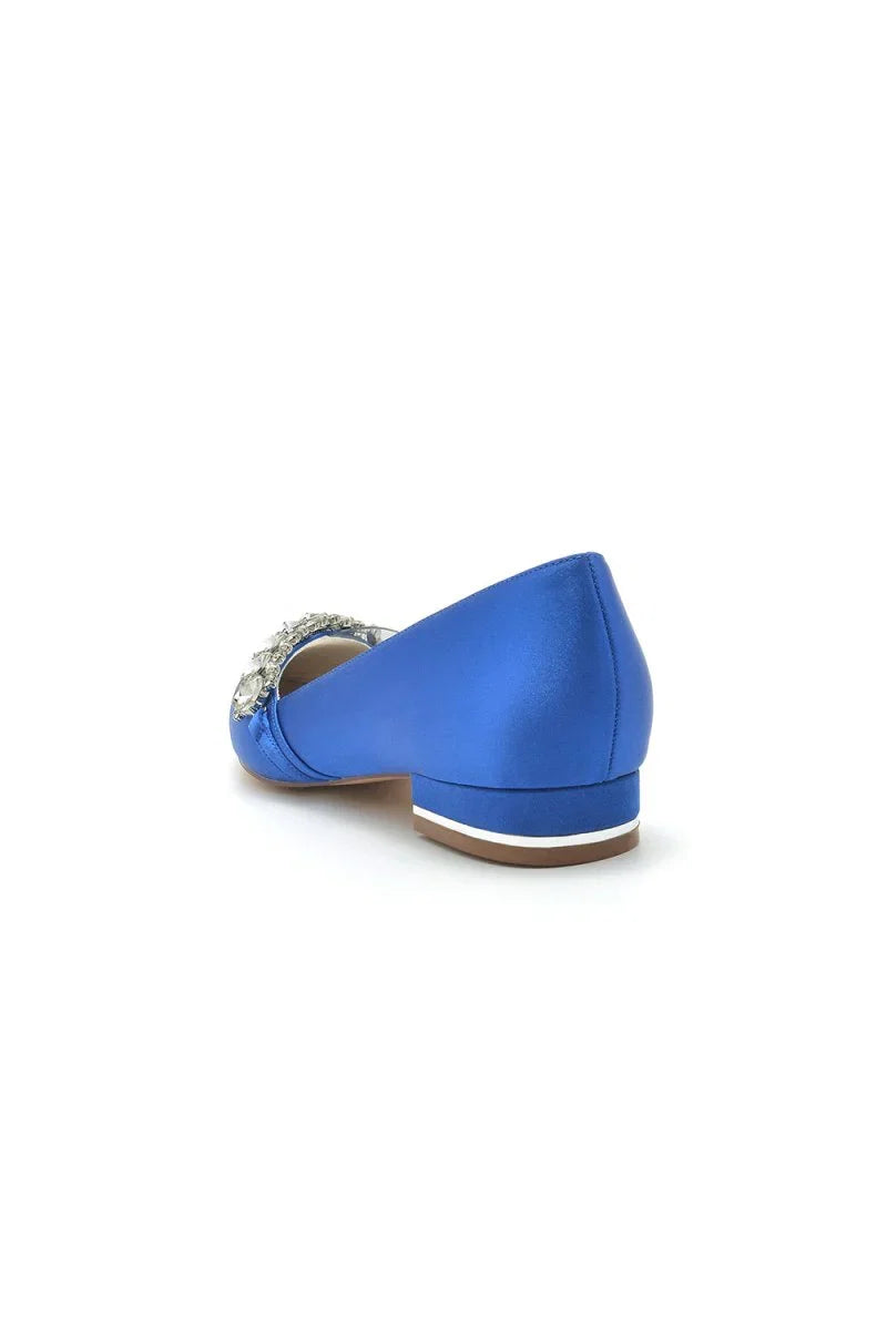 Pointed Toe Slip on Satin Low Heels With Rhinestone