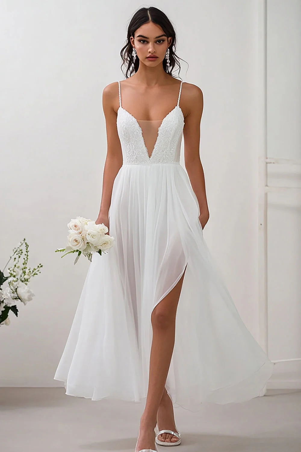 Simple White A Line Spaghetti Straps Wedding Dress with Slit