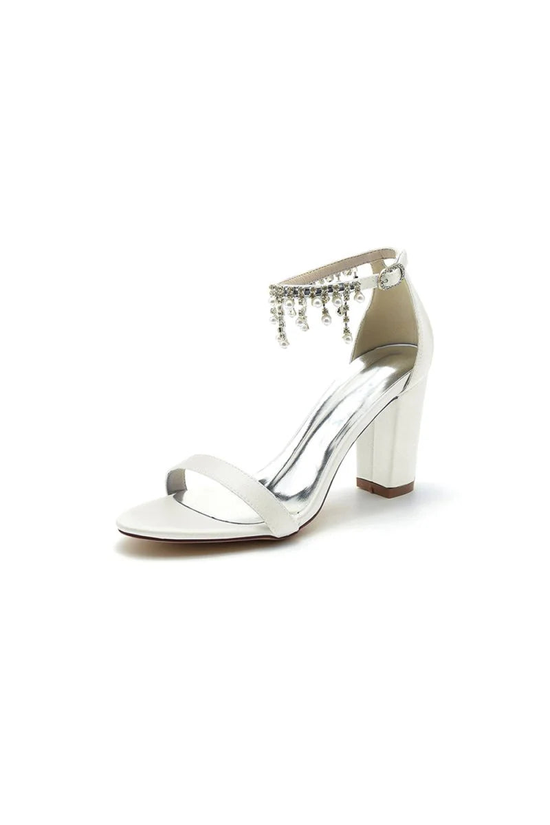 Open Toe Block Heels with Rhinestone Tassel