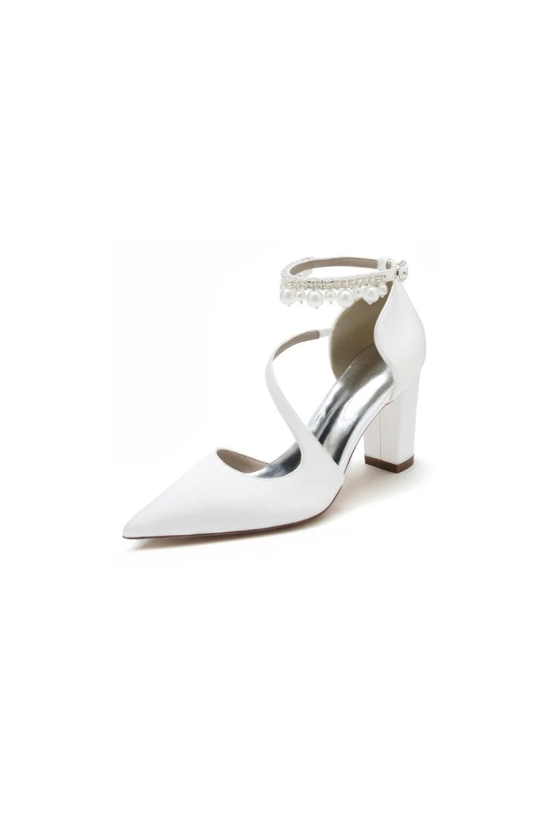 White Satin Heels with Cross Strap Design and Pearl Accented Buckle