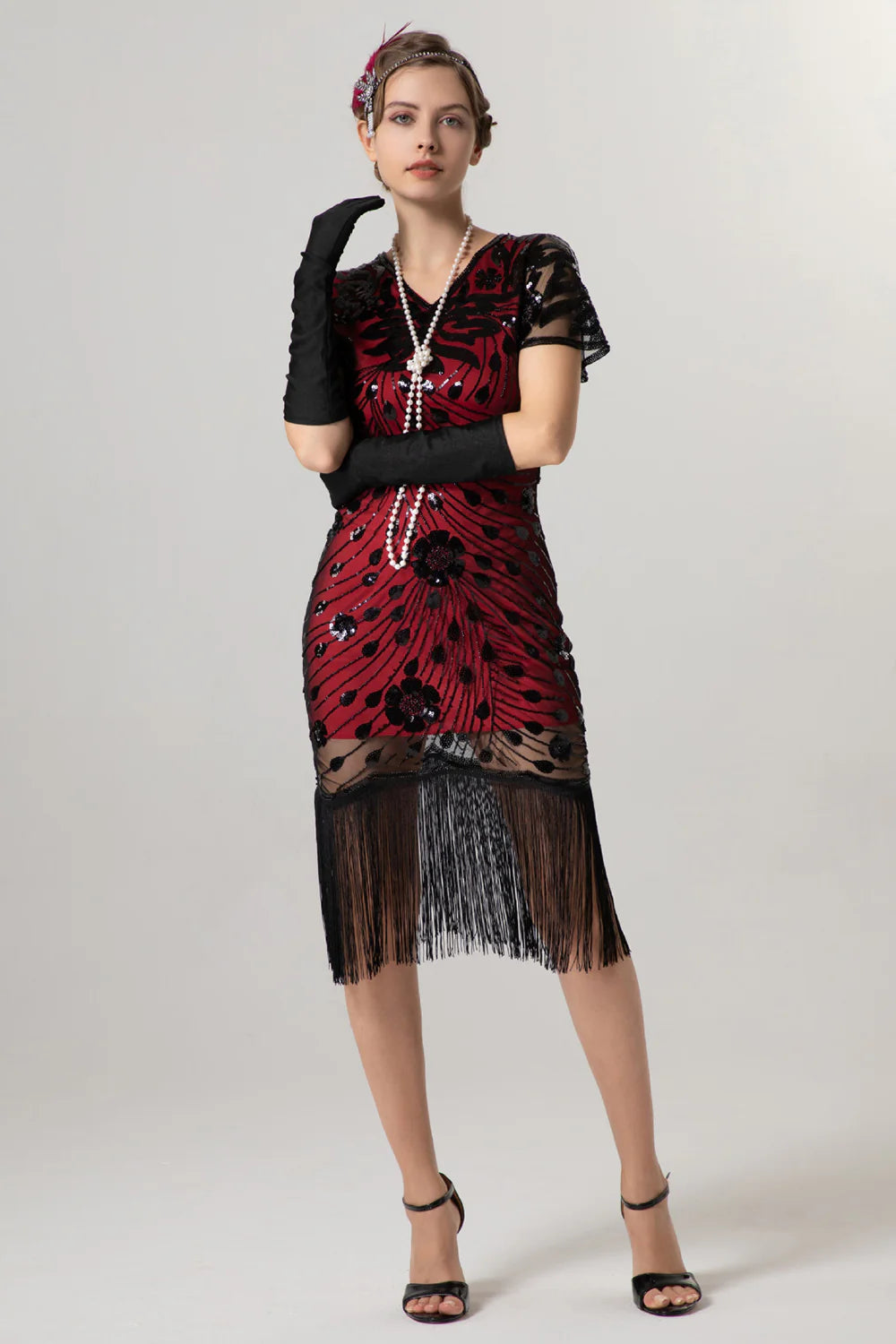 Black Sheath Fringed Midi V Neck 1920s Dress with Sequins
