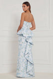 Strapless Mermaid Blue White Flower Ruffled Bridesmaid Dress