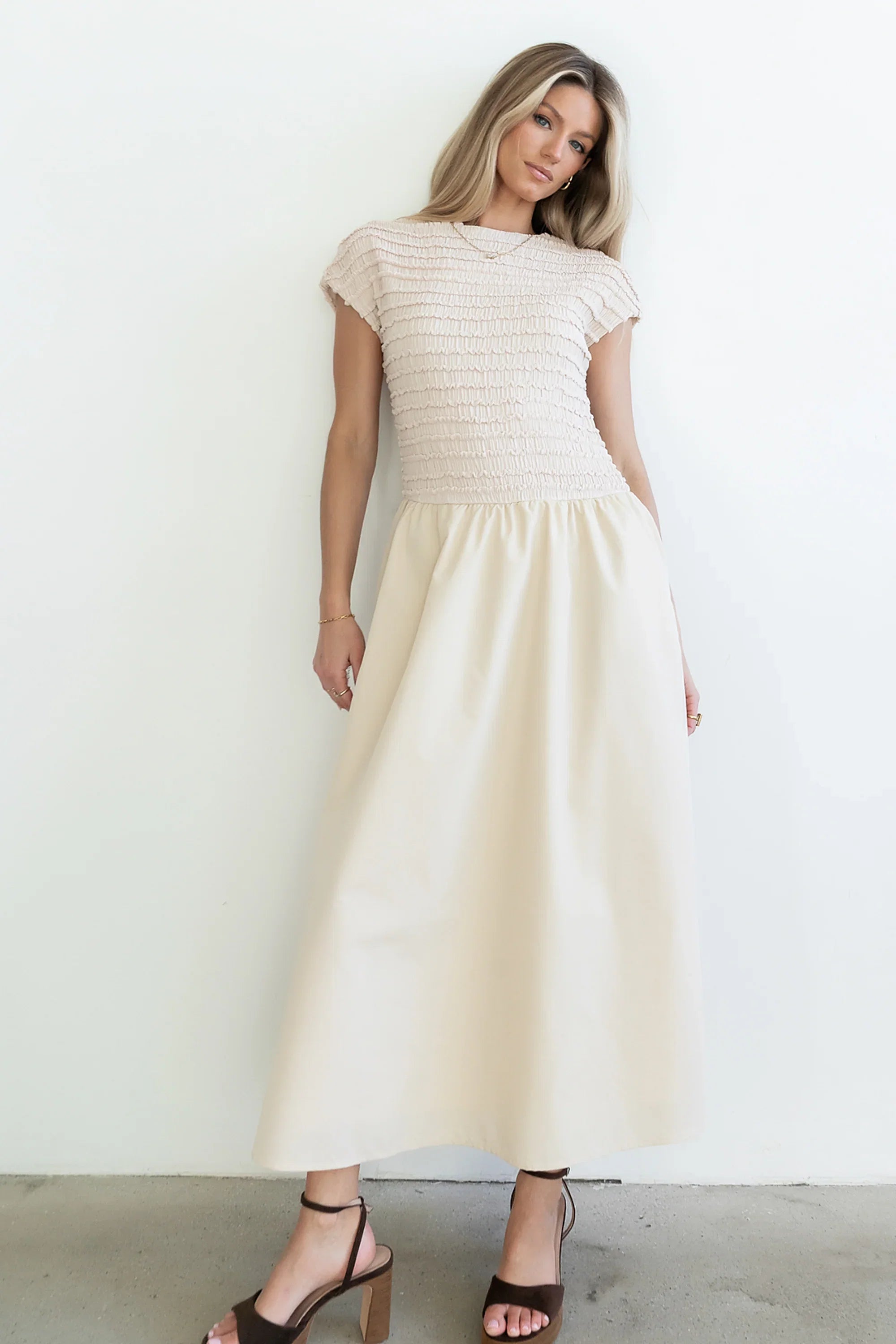 Lorie Mixed Media Maxi Dress in Natural