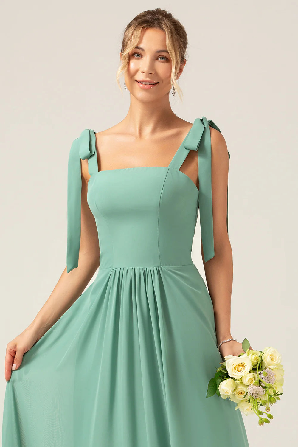 A Line Spaghetti Straps Pleated Floor Length Eucalyptus Bridesmaid Dress
