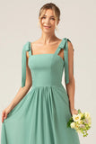 A Line Spaghetti Straps Pleated Floor Length Eucalyptus Bridesmaid Dress