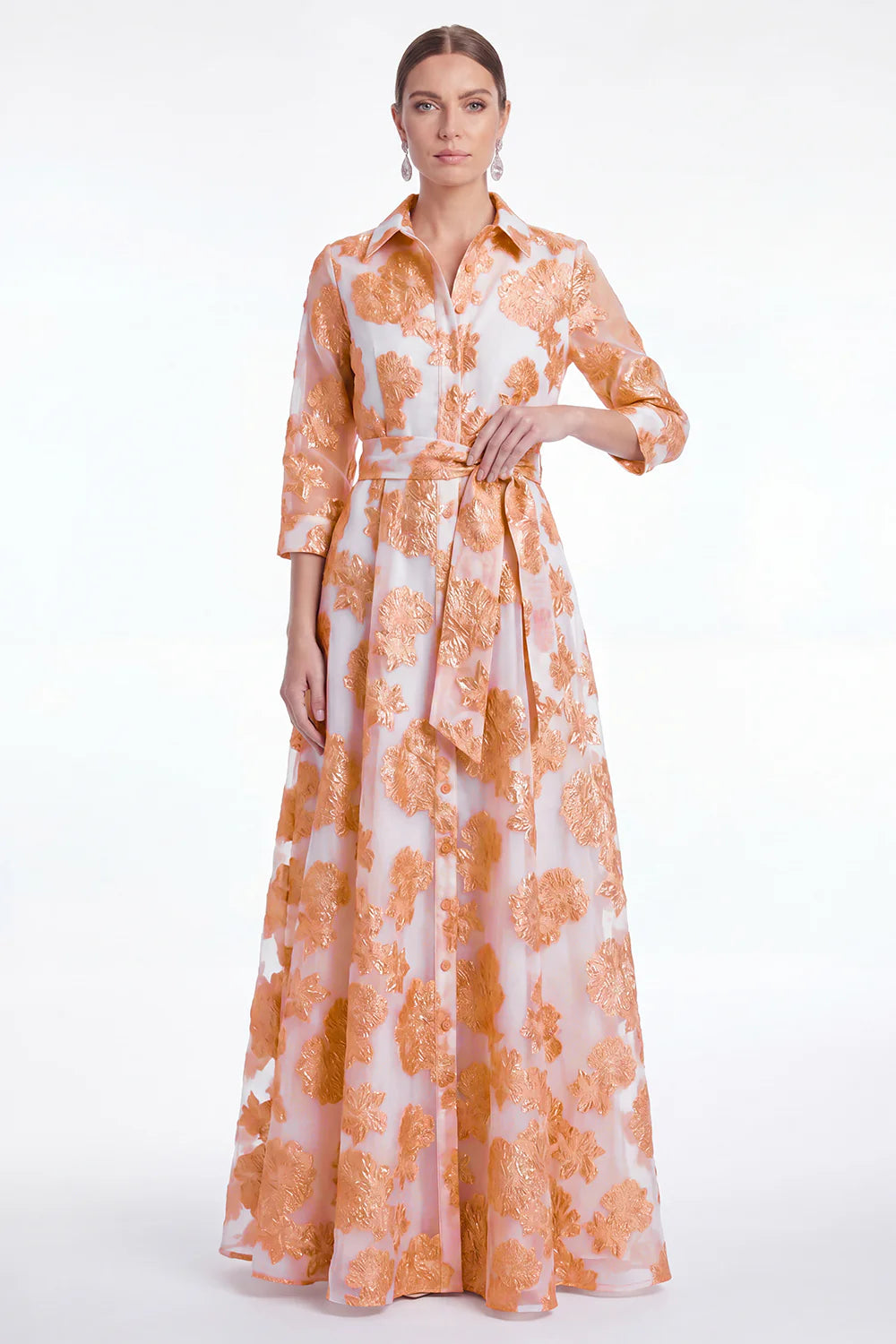 Gold Floral Jacquard A Line Collar Mother of the Bride Dress with 3 4 Sleeves