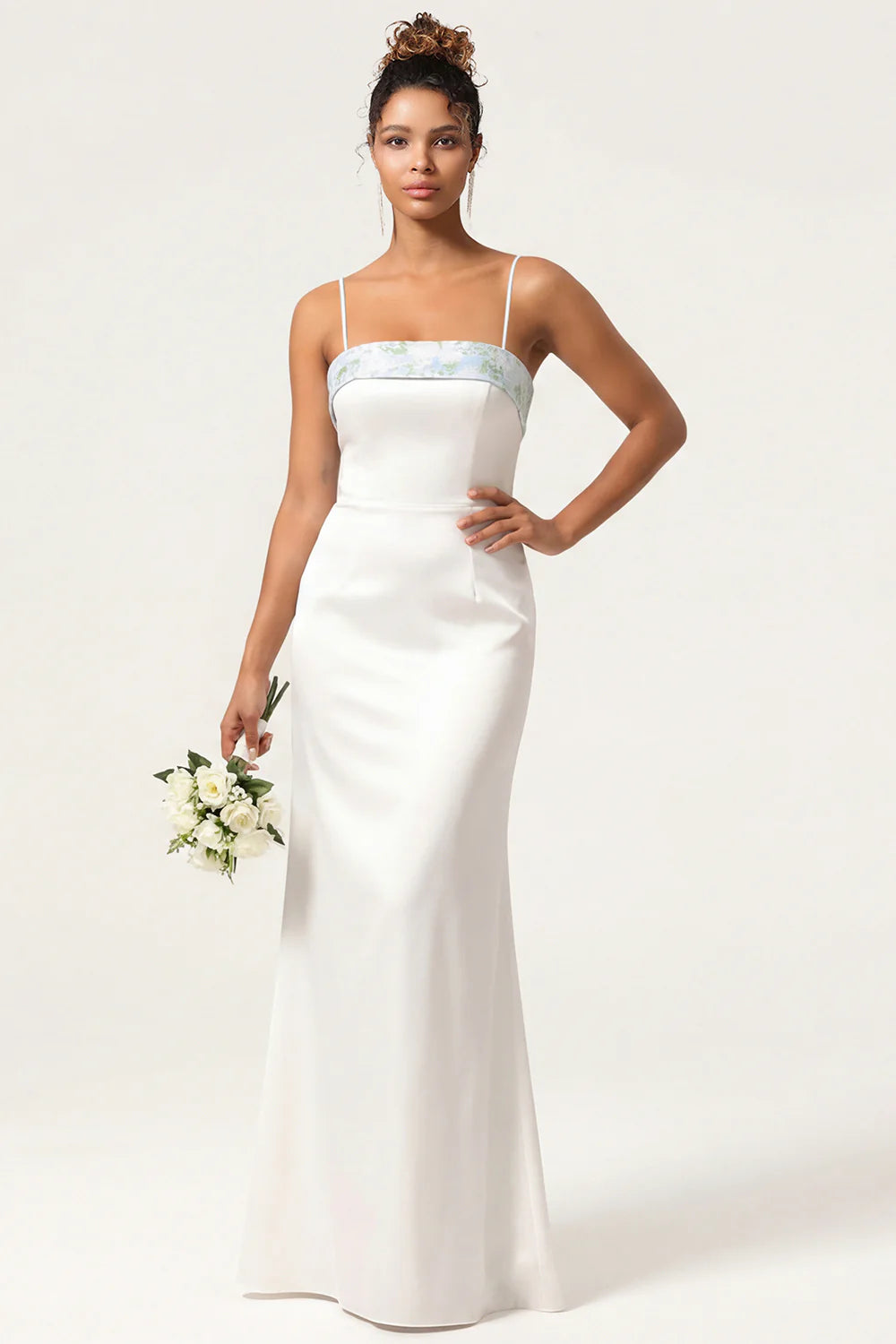 Blue Floral Spaghetti Straps Mermaid Satin Bridesmaid Dress with Bow