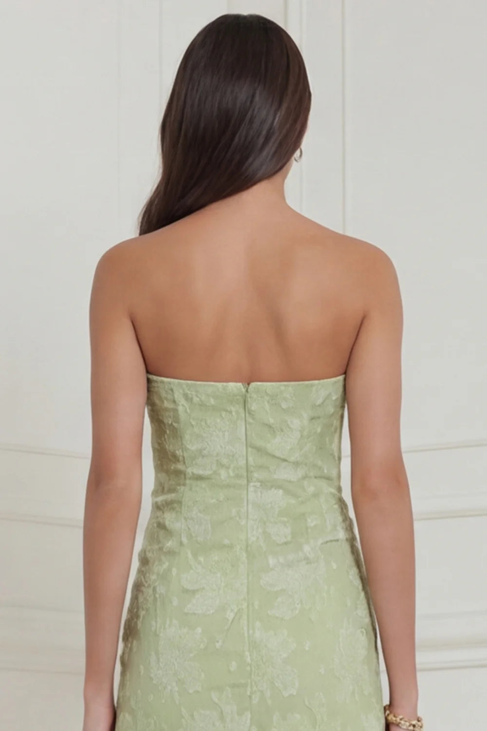 Sage Green Strapless Floral Sheath Midi Wedding Guest Dress