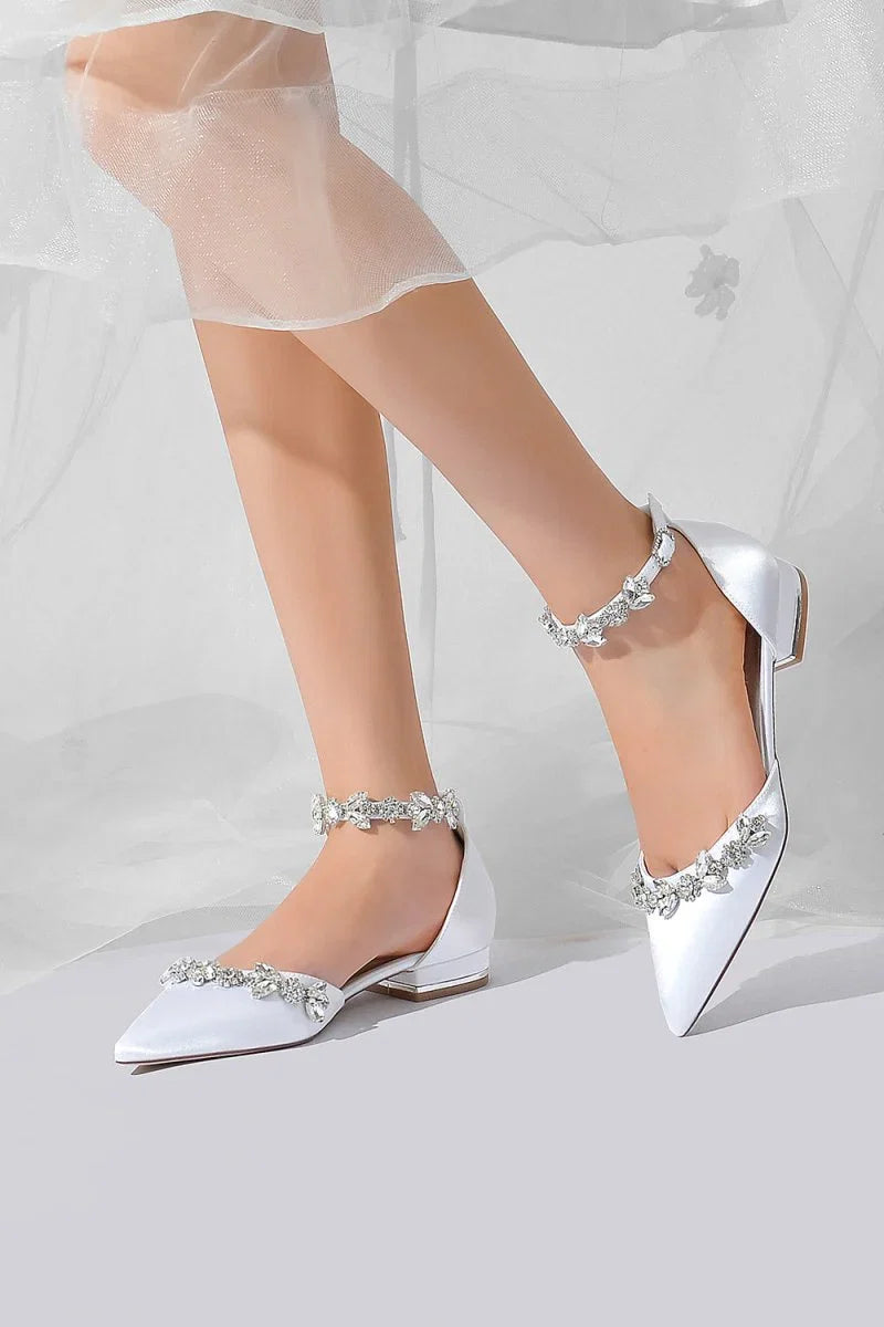 Pointed Toe Rhinestone Beaded Ankle Strap Kitten Heels