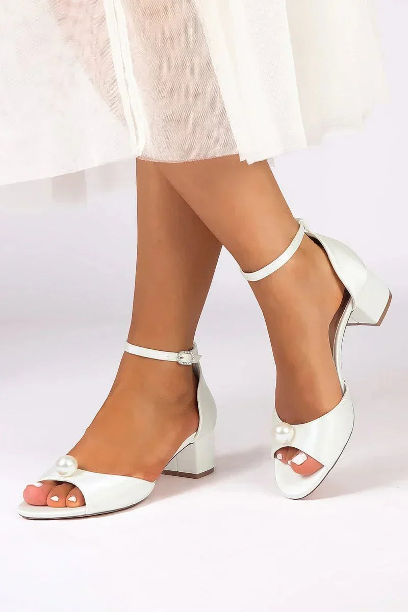 Satin Low Heel Sandals with Pearl Accent and Ankle Strap