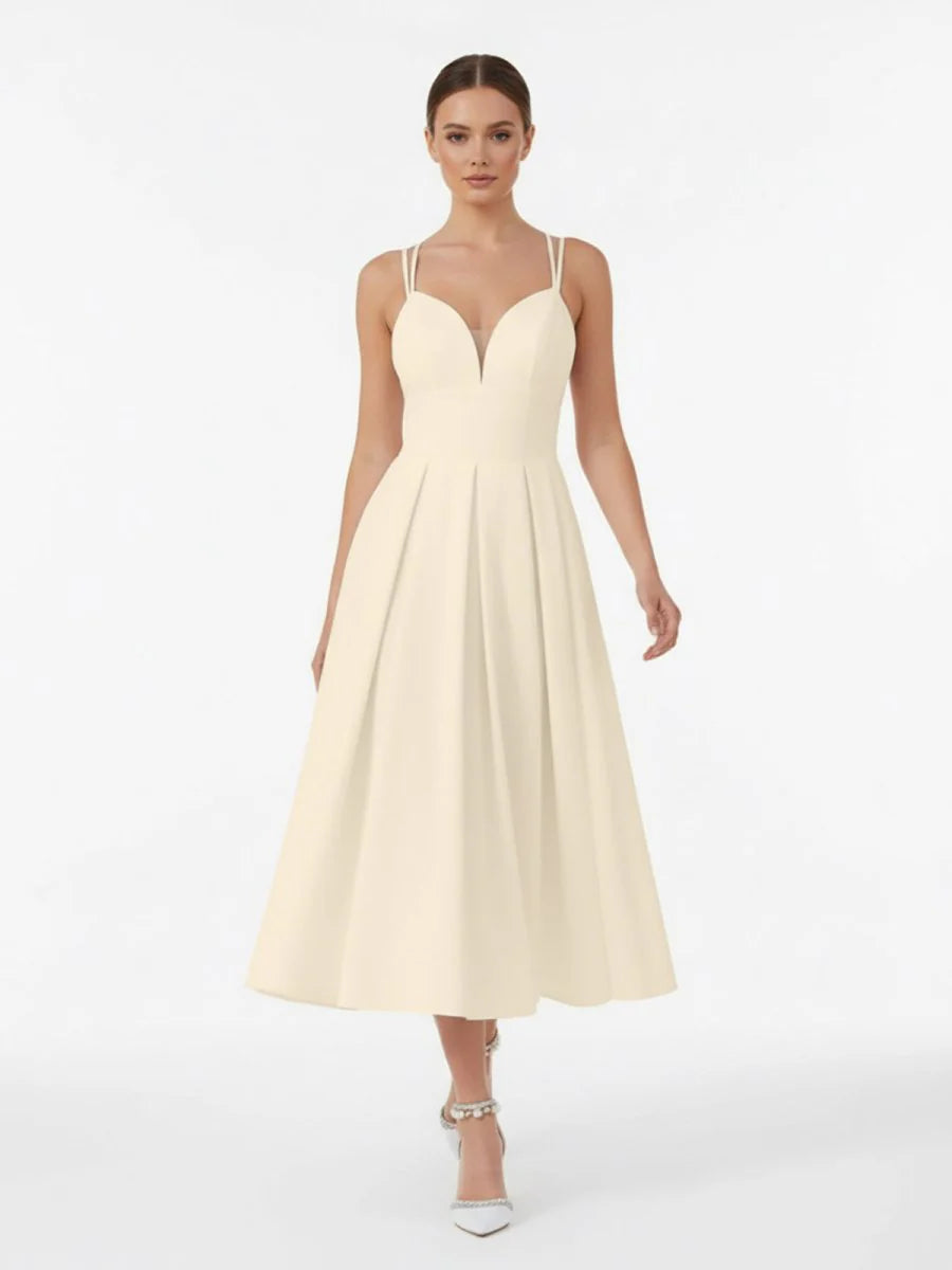 A Line V Neck Sleeveless Satin Knee Length Wedding Dress