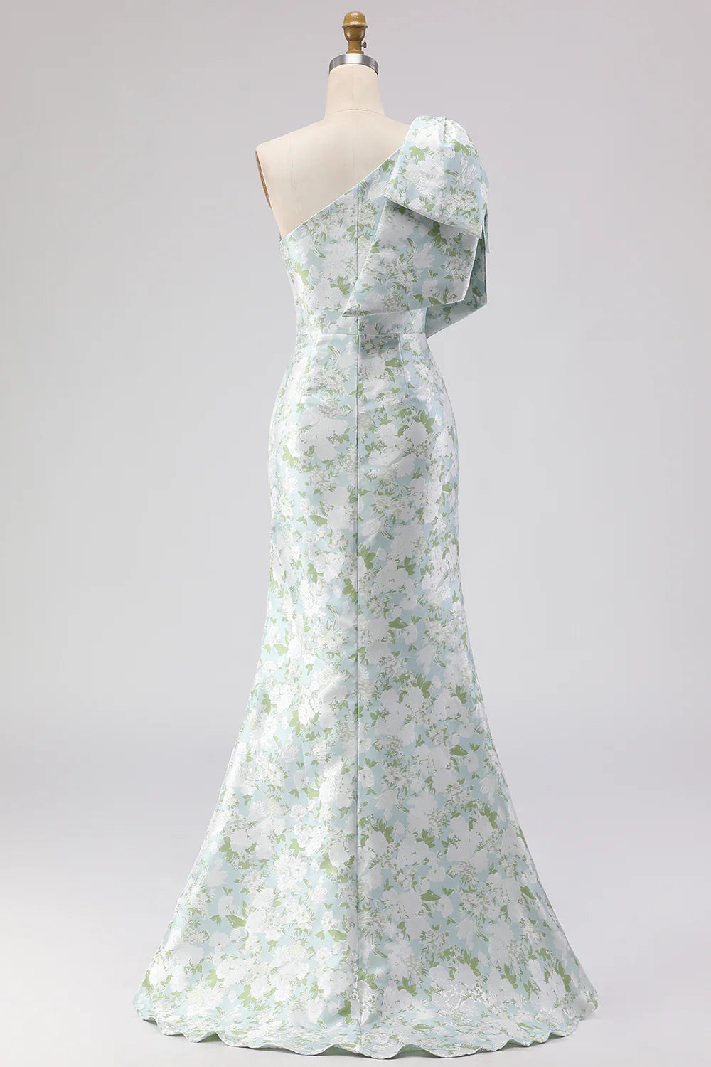 One Shoulder Blue White Flower Print Mermaid Plus Size Bridesmaid Dress with Bow