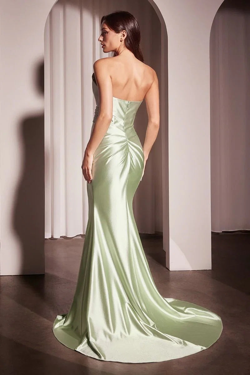 DEANNA GOWN ASYMMETRICAL STRAPLESS SATIN GOWN
