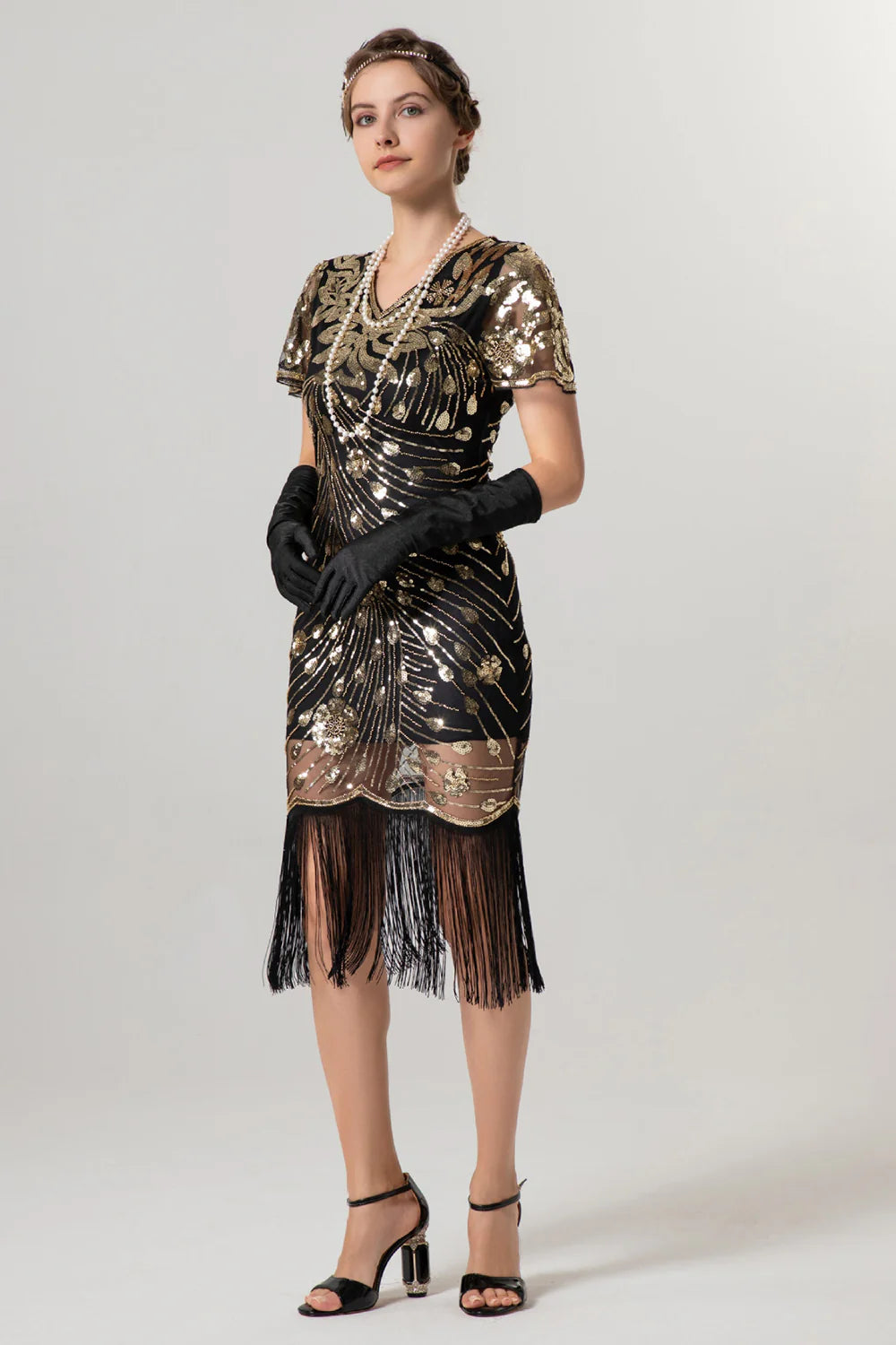 Black Sheath Fringed Midi V Neck 1920s Dress with Sequins