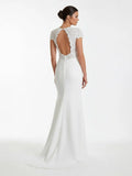 Modest Simple Sheath Short Sleeve Empire Floor Length Sweep Train Chiffon V neck Wedding Dress
