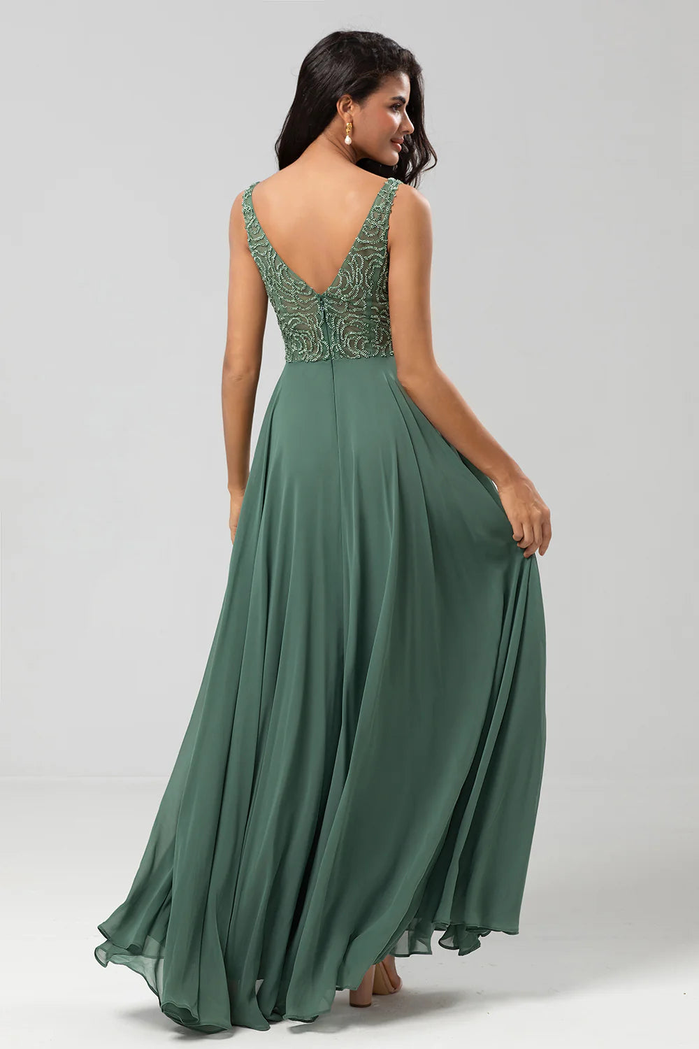 A Line Beaded Eucalyptus Long Bridesmaid Dress