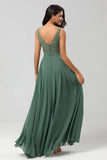 A Line Beaded Eucalyptus Long Bridesmaid Dress