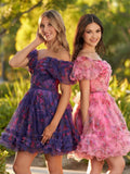 Ivana A Line Off the Shoulder Printed Tulle Short Homecoming Dress