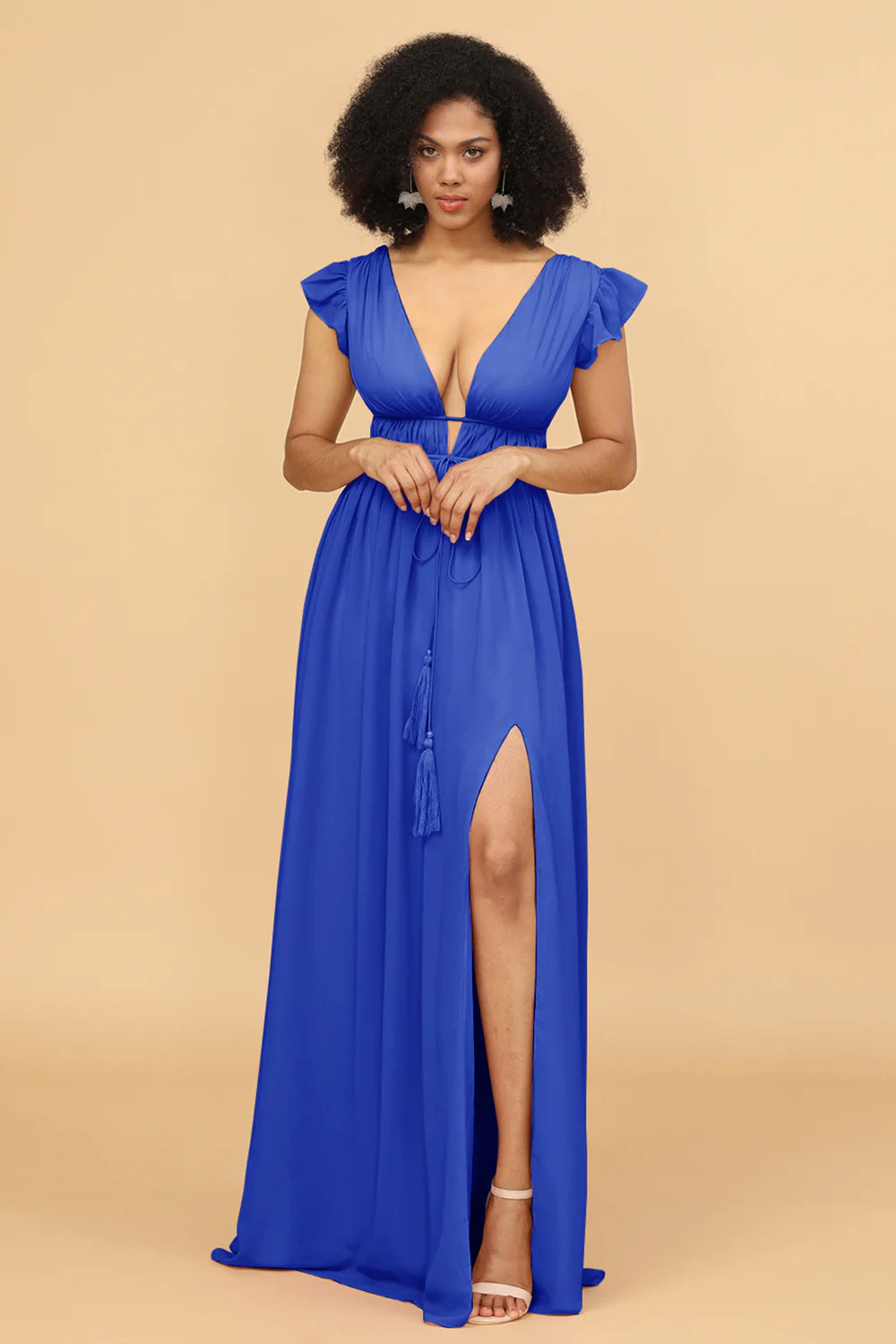 A Line Deep V Neck Long Chiffon Bridesmaid Dress with Slit
