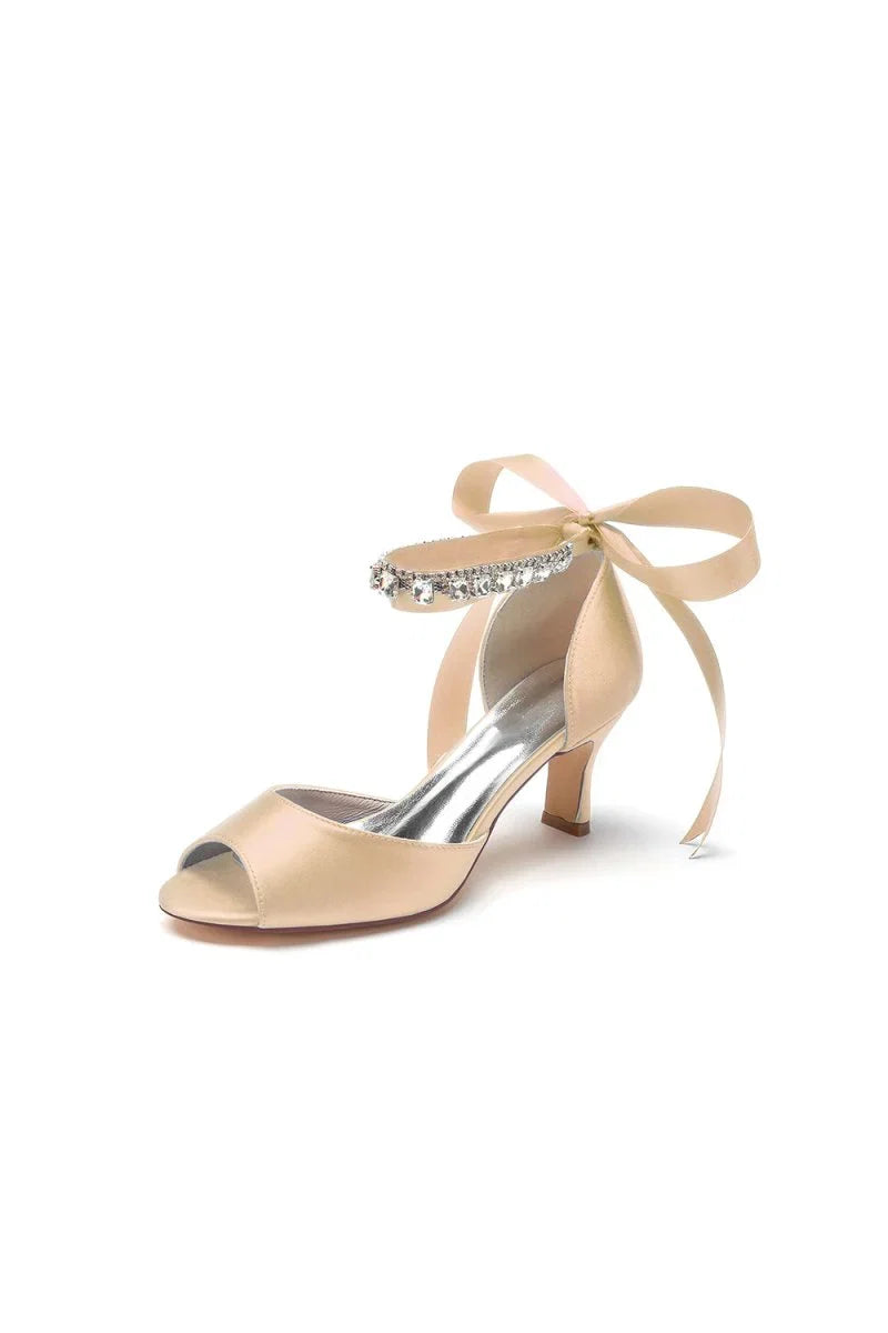 Rhinestone Peep Toe Wedding Sandals Chunky Heel Ankle Strap Shoes