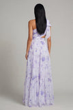 One Shoulder Bowed Cut Out Floral A Line Lilac Wedding Guest Dress