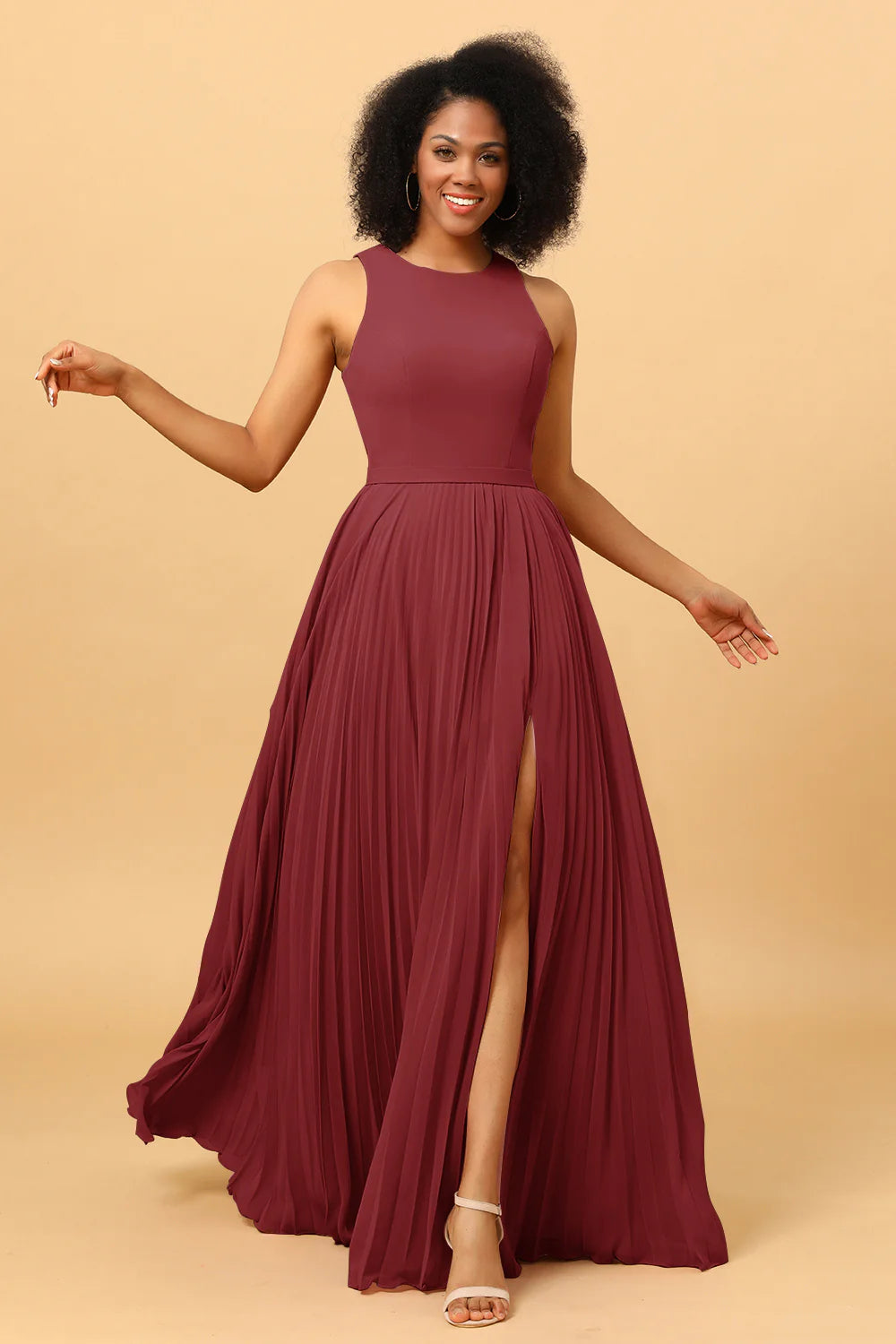 A Line Pleated Long Chiffon Bridesmaid Dress with Ruffles
