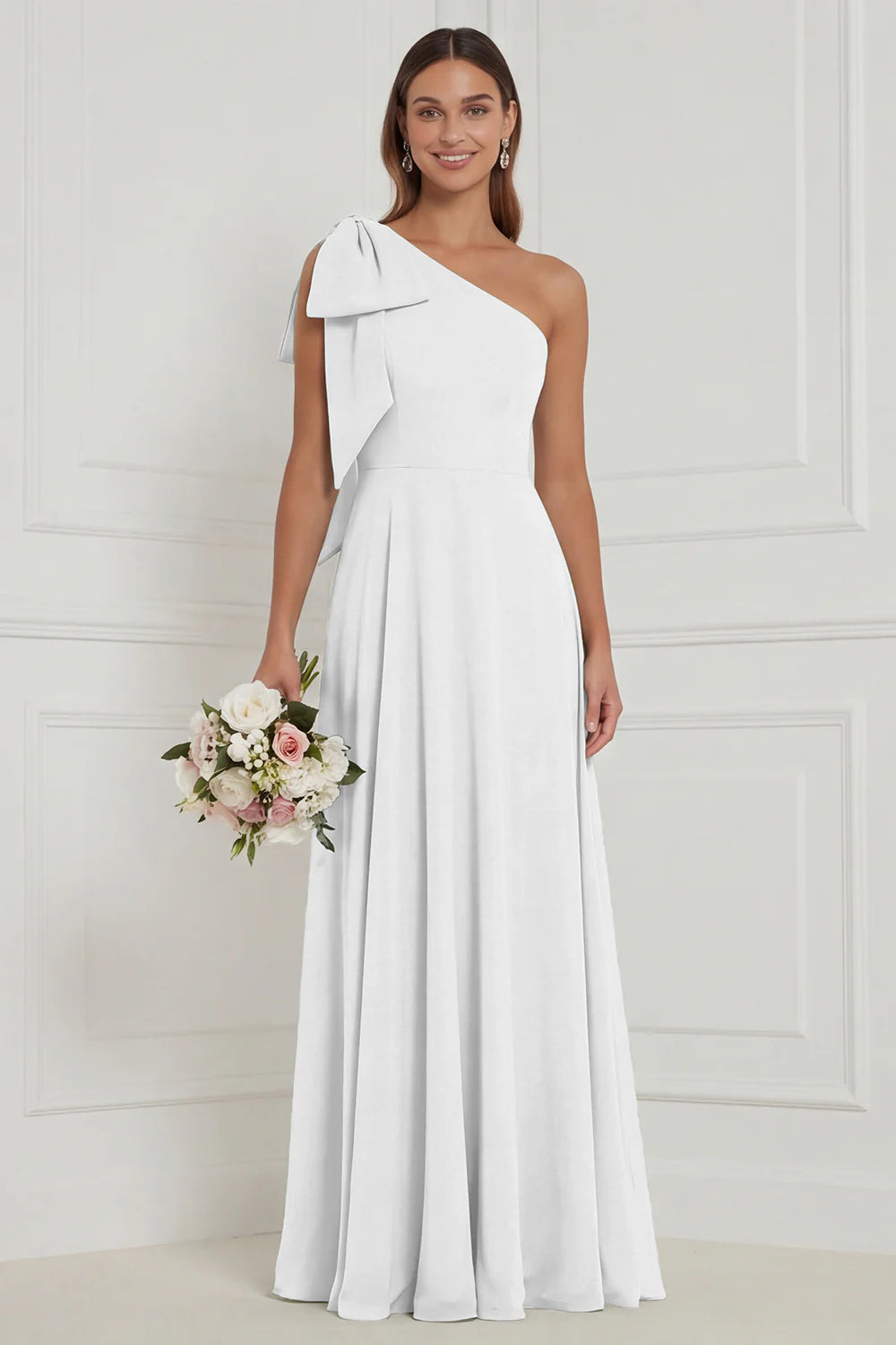 One Shoulder Bow A Line Sage Bridesmaid Dress with Lace up Back