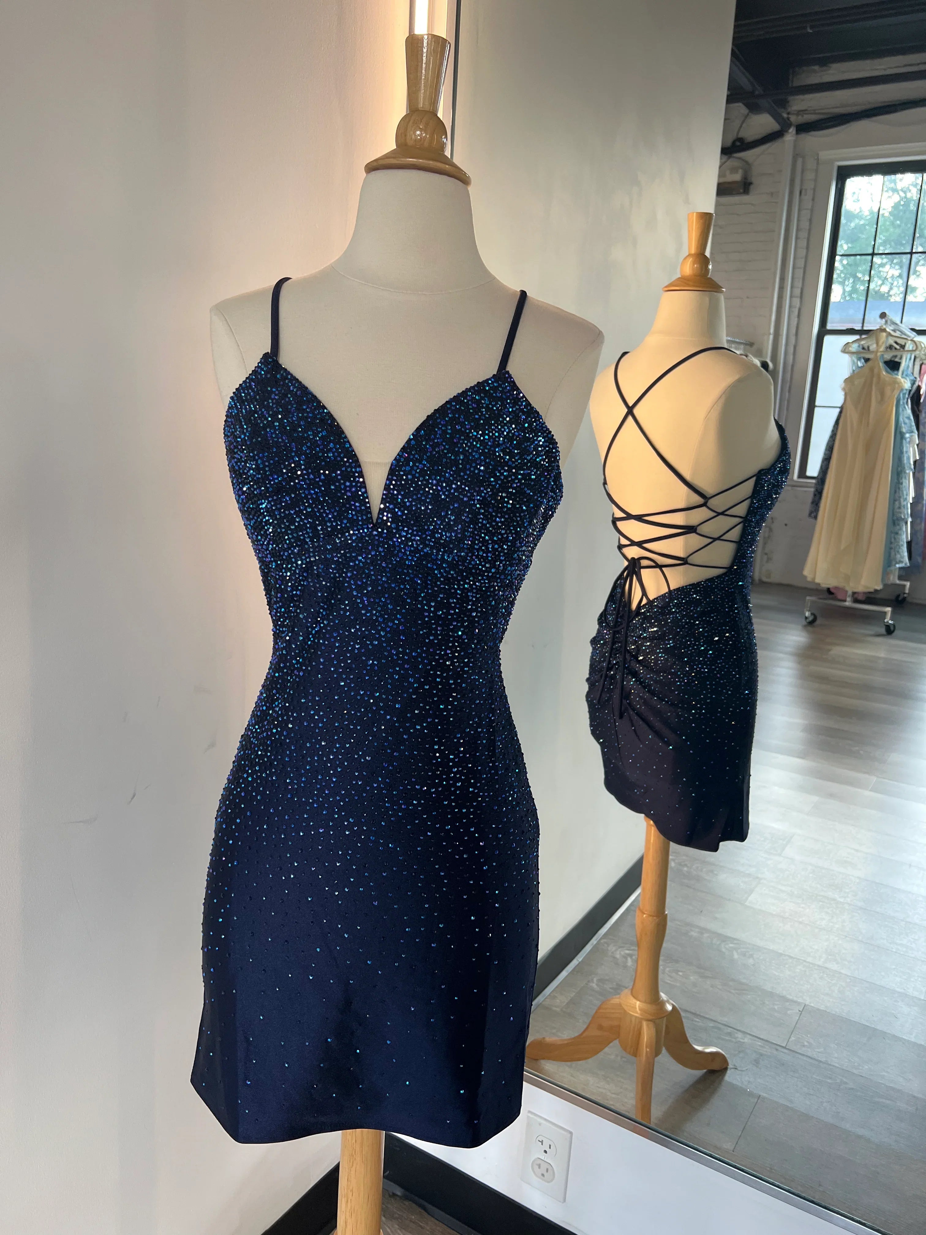 NOVALEE MINI NAVY HOT STONE LACE UP DRESS