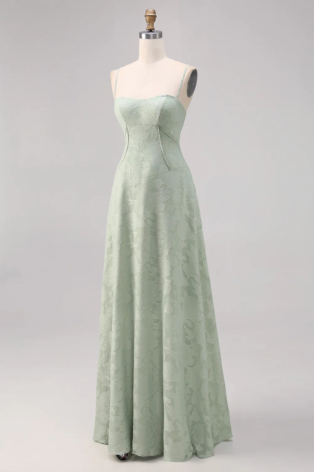 Sage Green A Line Spaghetti Straps Floral Burnout Bridesmaid Dress