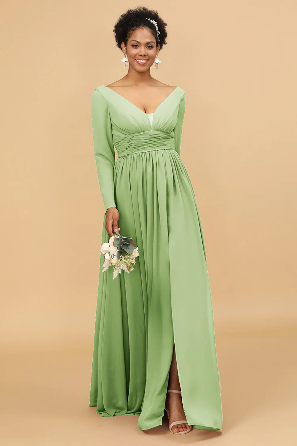 A Line V Neck Long Sleeves Chiffon Bridesmaid Dress with Slit