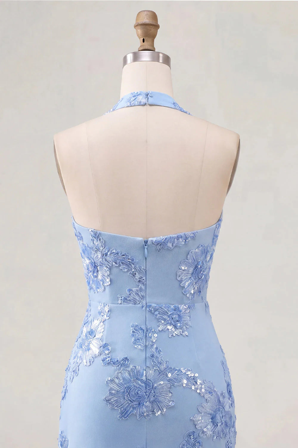 Light Blue Halter Bodycon Floral Short Homecoming Dress