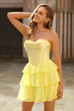 Yellow A Line Corset Tiered Sweetheart Short Homecoming Dress