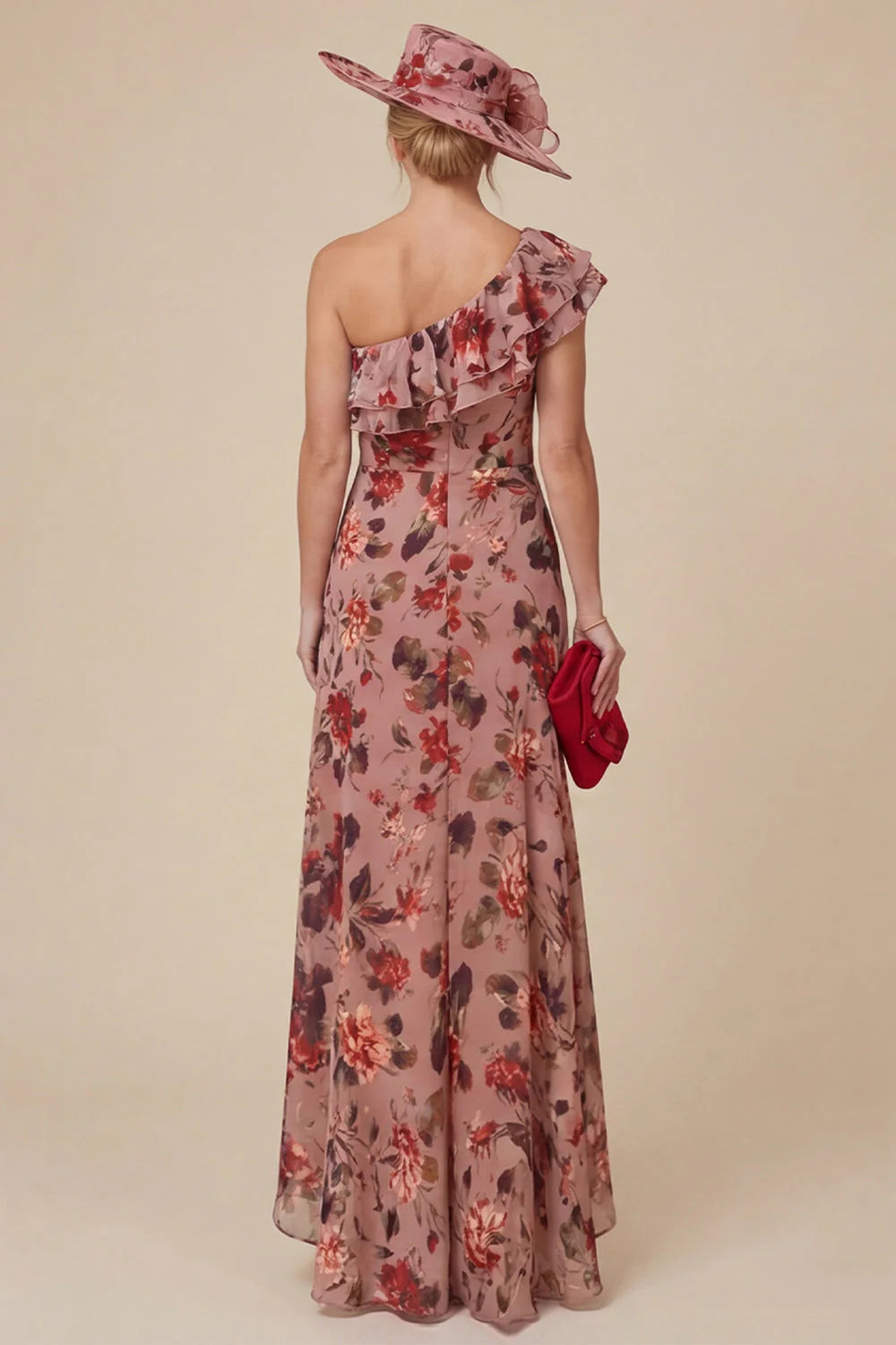 Floral Dusty Rose One Shoulder Ruffled Mother of the Bride Dress with Slit
