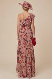 Floral Dusty Rose One Shoulder Ruffled Mother of the Bride Dress with Slit