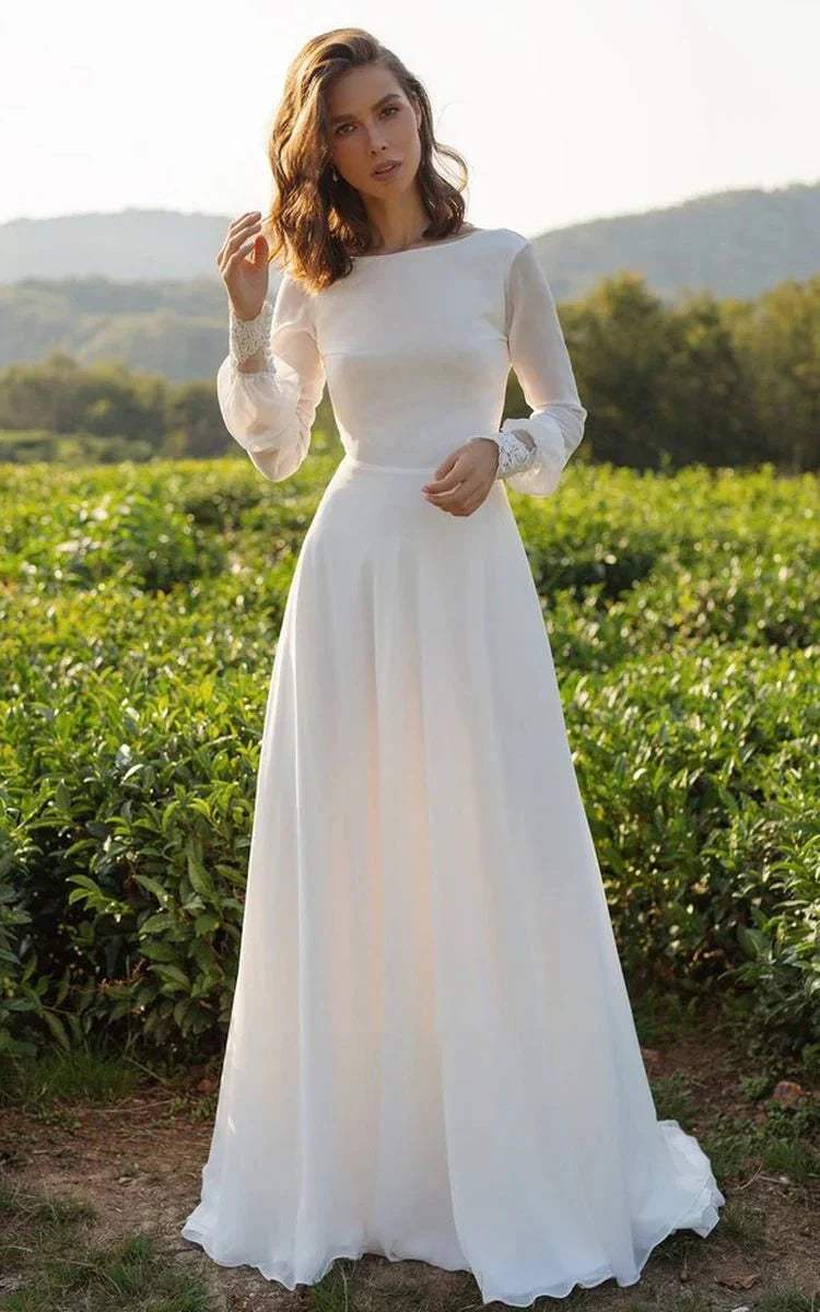Modest A Line Long Sleeve Floor Length Train Simple Casual Chiffon Bateau V Back Wedding Dress