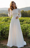 Modest A Line Long Sleeve Floor Length Train Simple Casual Chiffon Bateau V Back Wedding Dress