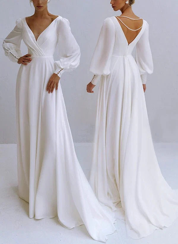 A Line V Neck Long Sleeves Chiffon Wedding Dresses With Beading