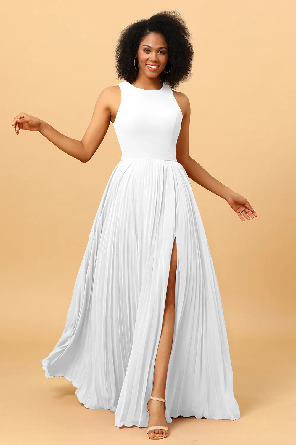 A Line Pleated Long Chiffon Bridesmaid Dress with Ruffles