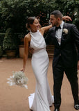 Elegant Mermaid White Halter Satin Wedding Dresses
