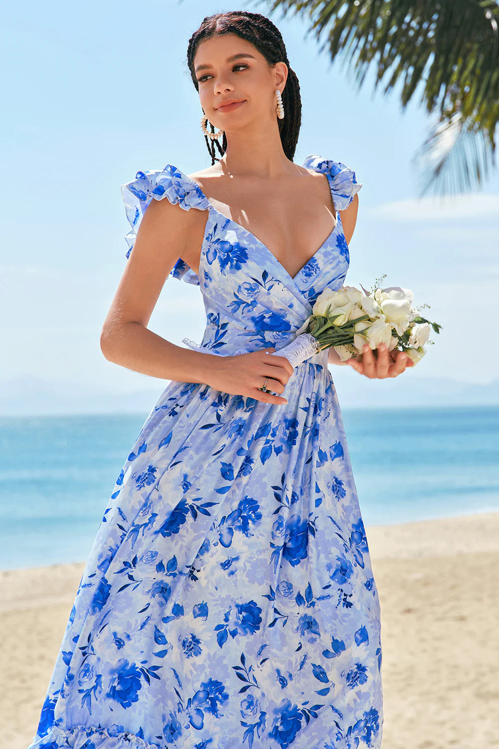 Blue A Line V Neck Ruched Floral Long Bridesmaid Dress