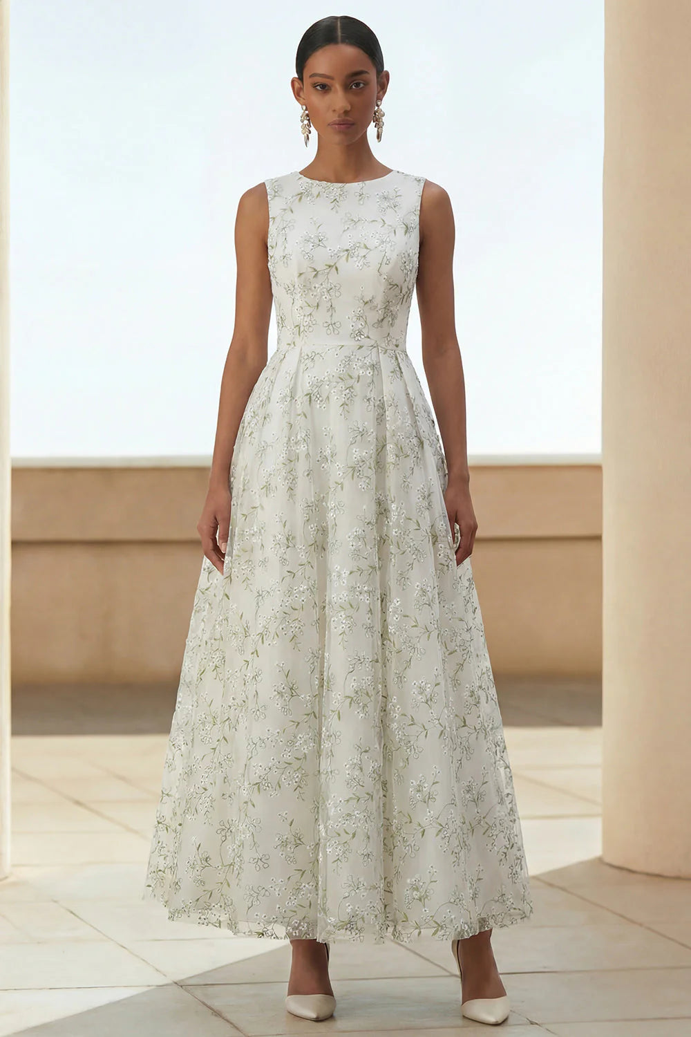 Light Green Floral A Line Midi Wedding Guest Dress with Pockets