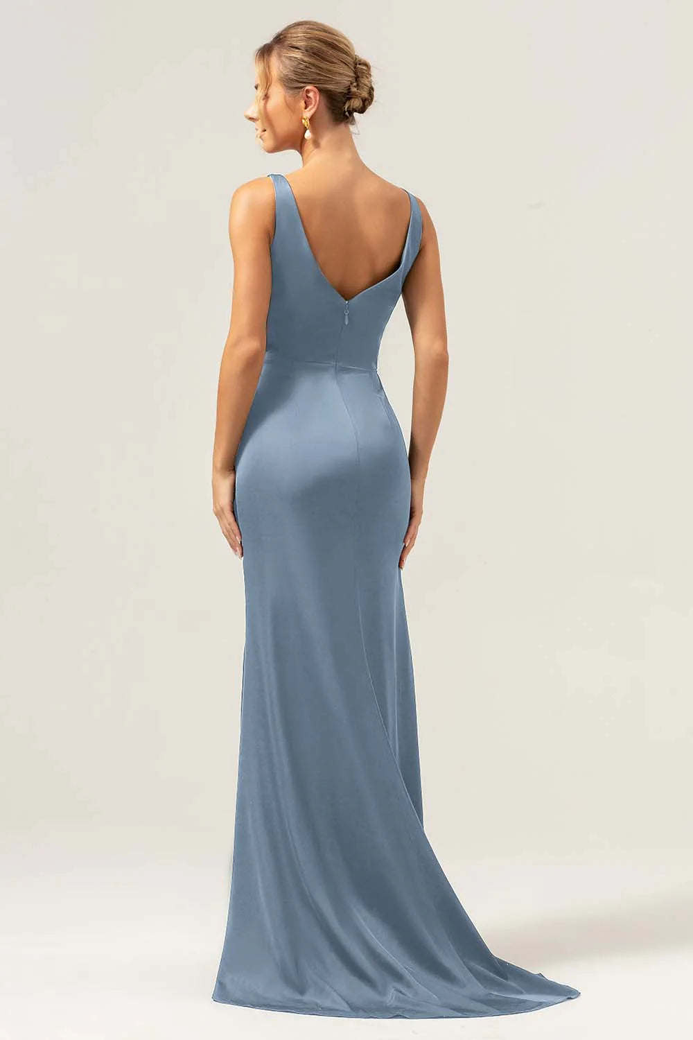 Burgundy Mermaid V Neck Ruched High Low Long Satin Bridesmaid Dress with Slit