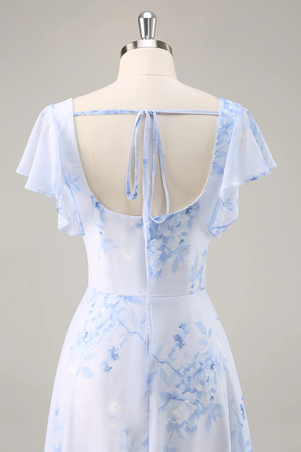 Blue Flower A Line Square Neck Long Bridesmaid Dress with Slit