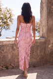 Pink Strapless 3D Flower Sheath Wedding Guest Dress with Slit