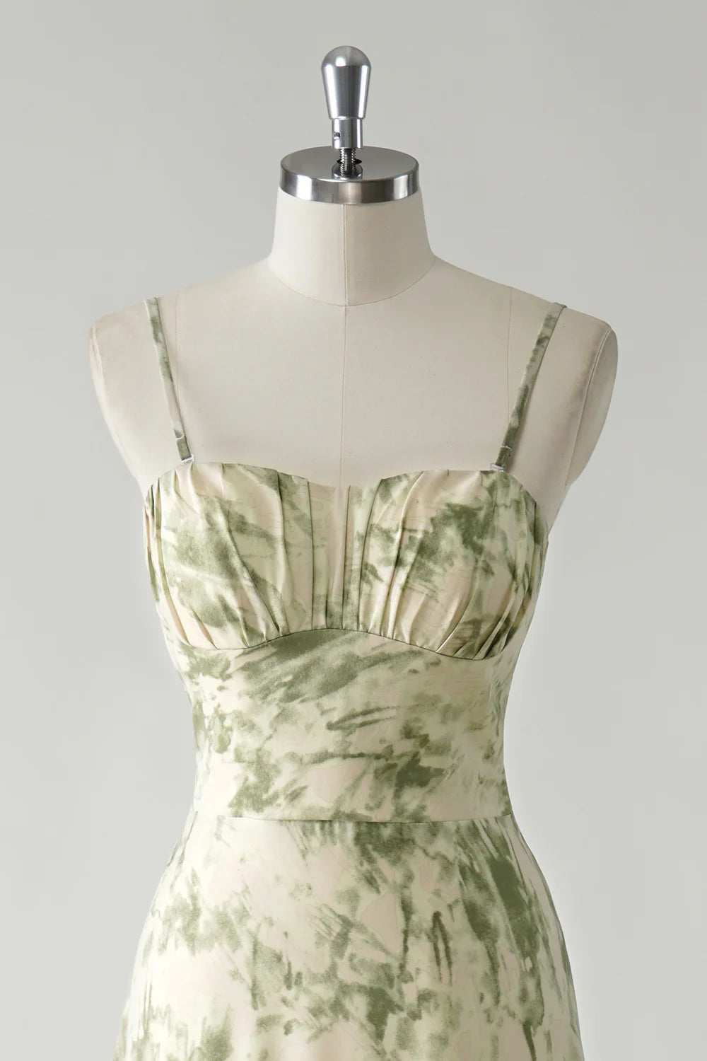 Sage Flower A Line Spaghetti Straps Printed Long Bridesmaid Dress with Ruffles