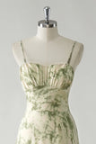 Sage Flower A Line Spaghetti Straps Printed Long Bridesmaid Dress with Ruffles