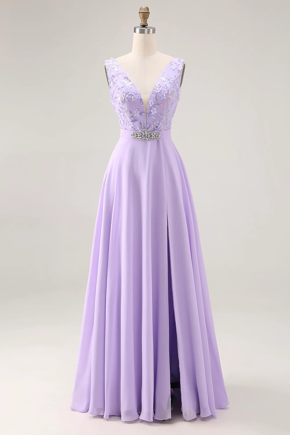 Lilac A Line Sequin Applique Long Bridesmaid Dress with Slit