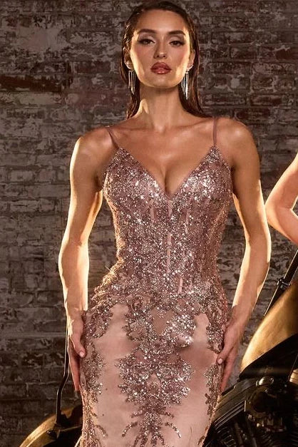 Lyra Gown Mocha Gold FITTED FLORAL GLITTER PRINT CORSET GOWN