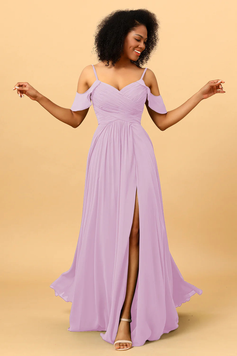 A Line Spaghetti Straps Long Chiffon Bridesmaid Dress With Slit