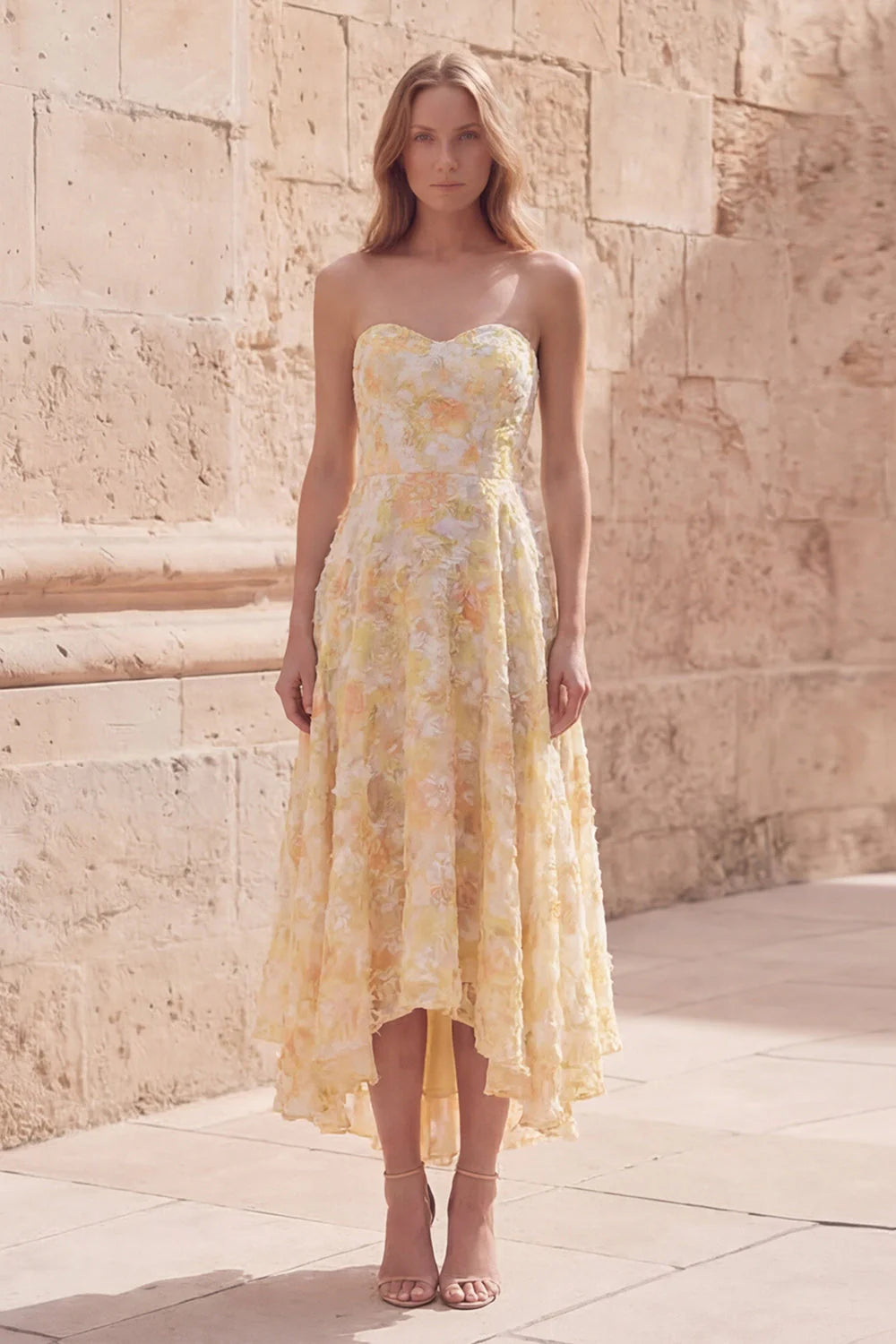 Floral Yellow Strapless High Low A Line Wedding Guest Dress